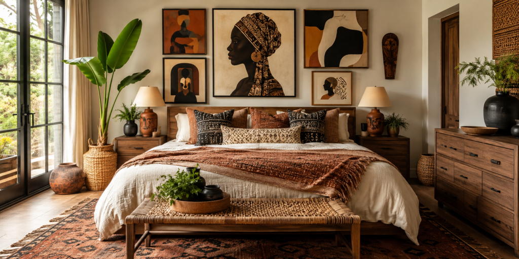 a beautifully styled afro chic bedroom with a warm, layered, soulful atmosphere
