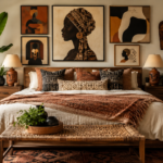 a beautifully styled afro chic bedroom with a warm, layered, soulful atmosphere
