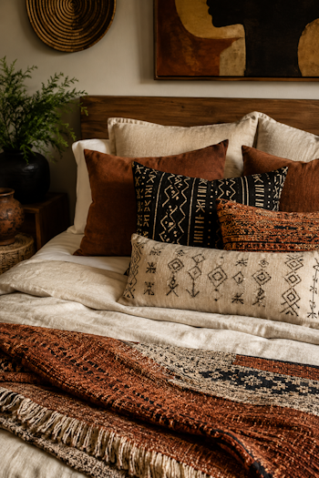 a luxurious layered arrangement of neutral linen bedding, earth-toned accent pillows, mudcloth-inspired cushions, and a richly textured throw blanket in rust, cream, and black