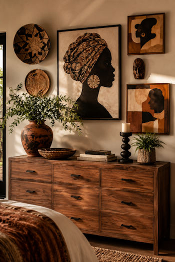 a beautifully styled bedroom dresser and wall vignette in an afro chic bedroom decor style