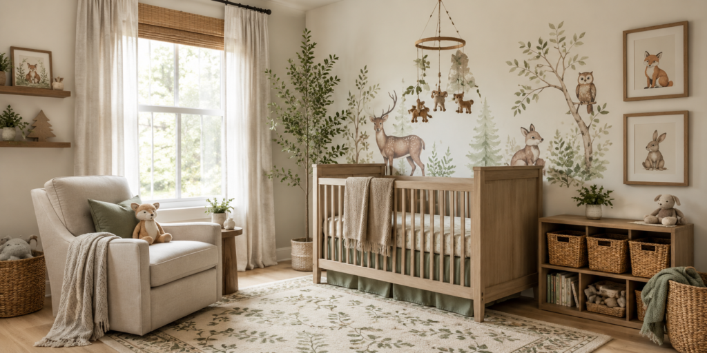Soft neutral woodland themed nursery featuring a wooden crib, leafy forest mural with deer, rabbit, and owl illustrations, woodland mobile, framed animal prints, cozy nursery chair, woven baskets, and sage green decor accents.
