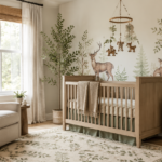 Woodland Themed Nursery Decor Ideas for a Cozy Forest-Inspired Baby Room Soft neutral woodland themed nursery featuring a wooden crib, leafy forest mural with deer, rabbit, and owl illustrations, woodland mobile, framed animal prints, cozy nursery chair, woven baskets, and sage green decor accents.