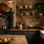 Dark Cottagecore Kitchen Ideas for a Moody Yet Cozy Home Dark cottagecore kitchen with deep green cabinets, floral cottagecore wallpaper, open wood shelves, brass hardware, vintage dishes, woven baskets, potted herbs, and warm cozy lighting.