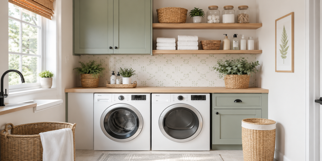 a front-loading washer and dryer positioned side by side beneath a light wood countertop, with simple upper cabinets and open laundry shelves above, the shelves with neatly arranged woven baskets, clear storage jars, folded white towels, and attractive laundry supplies.