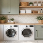 a front-loading washer and dryer positioned side by side beneath a light wood countertop, with simple upper cabinets and open laundry shelves above, the shelves with neatly arranged woven baskets, clear storage jars, folded white towels, and attractive laundry supplies.