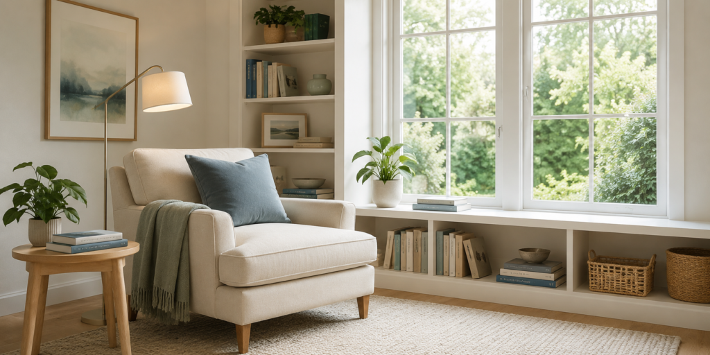 a comfortable upholstered reading chair positioned beside a large sunlit window, with a small side table, a warm floor lamp, a soft throw, and a neatly arranged stack of books